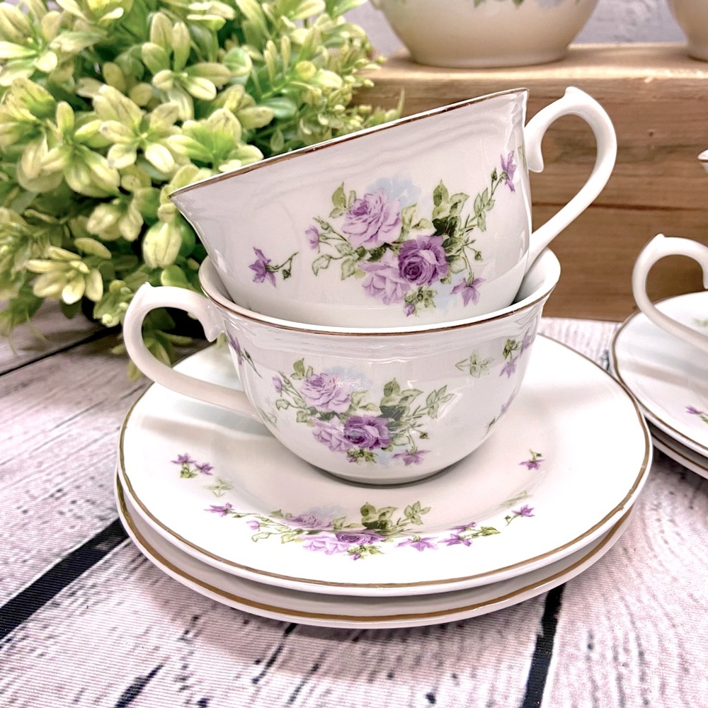 Lynns Fine China Lydia teacup and saucer, 4 sets, 8 total pieces, lavender rose